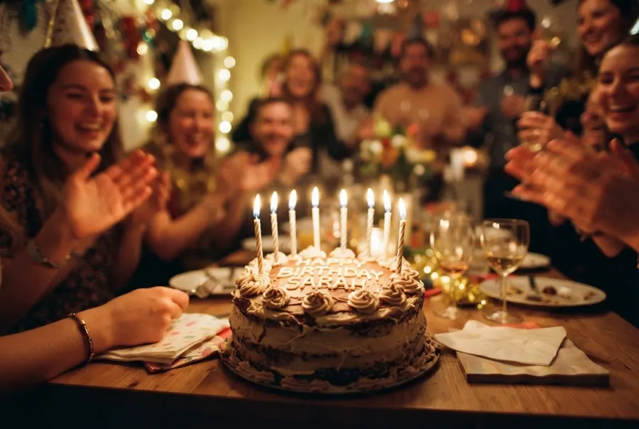 Amigos em volta de um bolo de aniversário com velas acesas