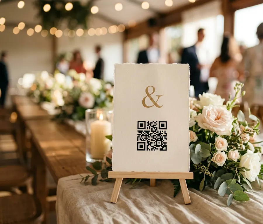Um cartão com o QR do álbum, em um cavalete, na mesa de uma festa
